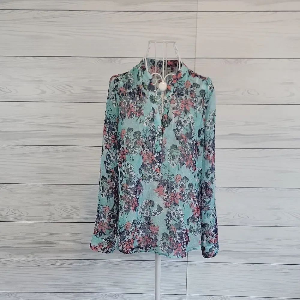 Kut from the Kloth Floral Chiffon Blouse - Blue & Pink Ling Sleeve Womens Size S